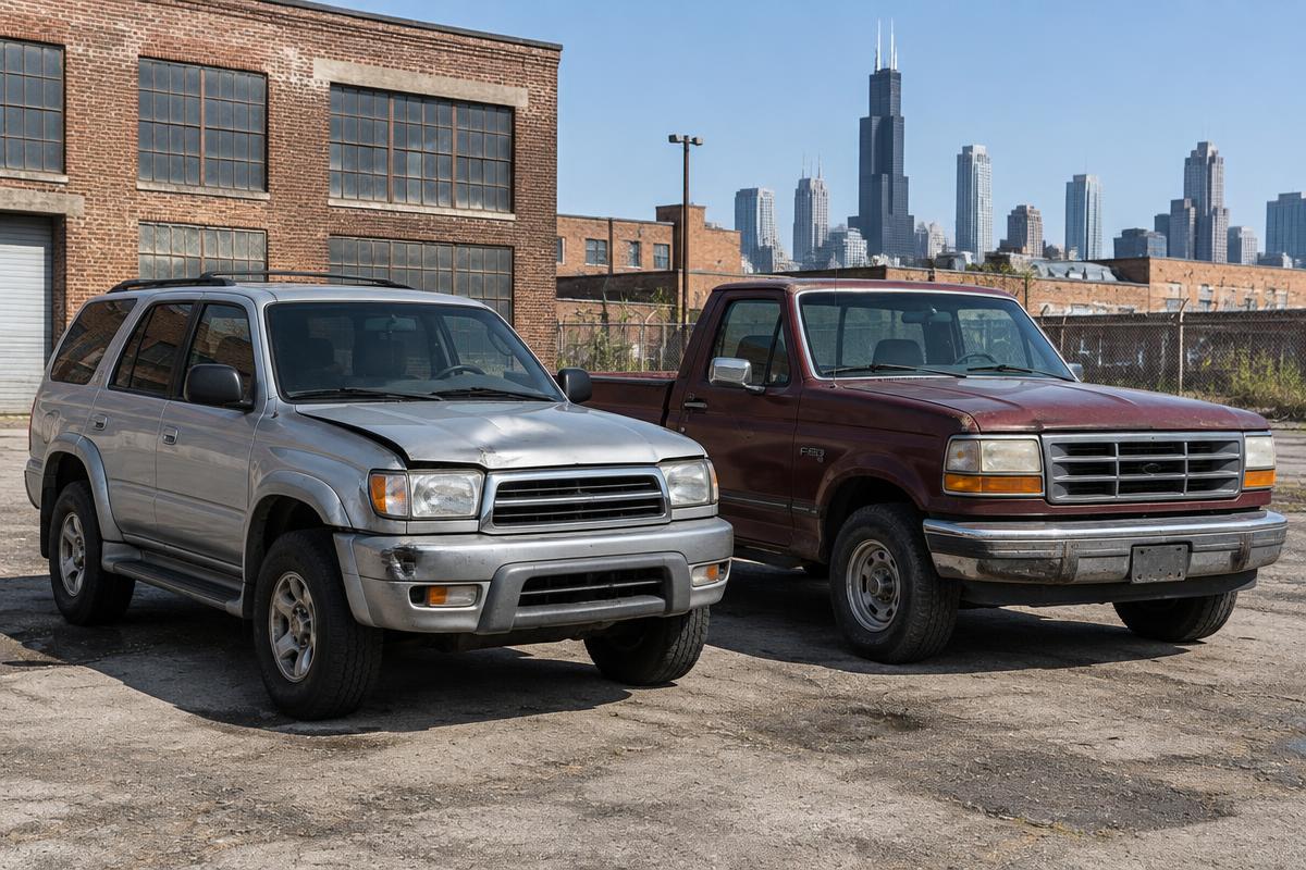 An aging silver SUV and damaged red pickup truck in a Chicago industrial lot